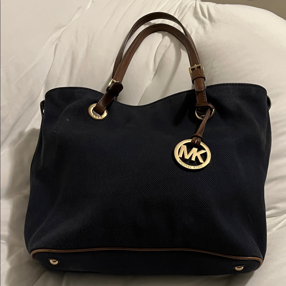 Michael Kors Denim Navy Tote with Brown Handles and Gold MK Charm